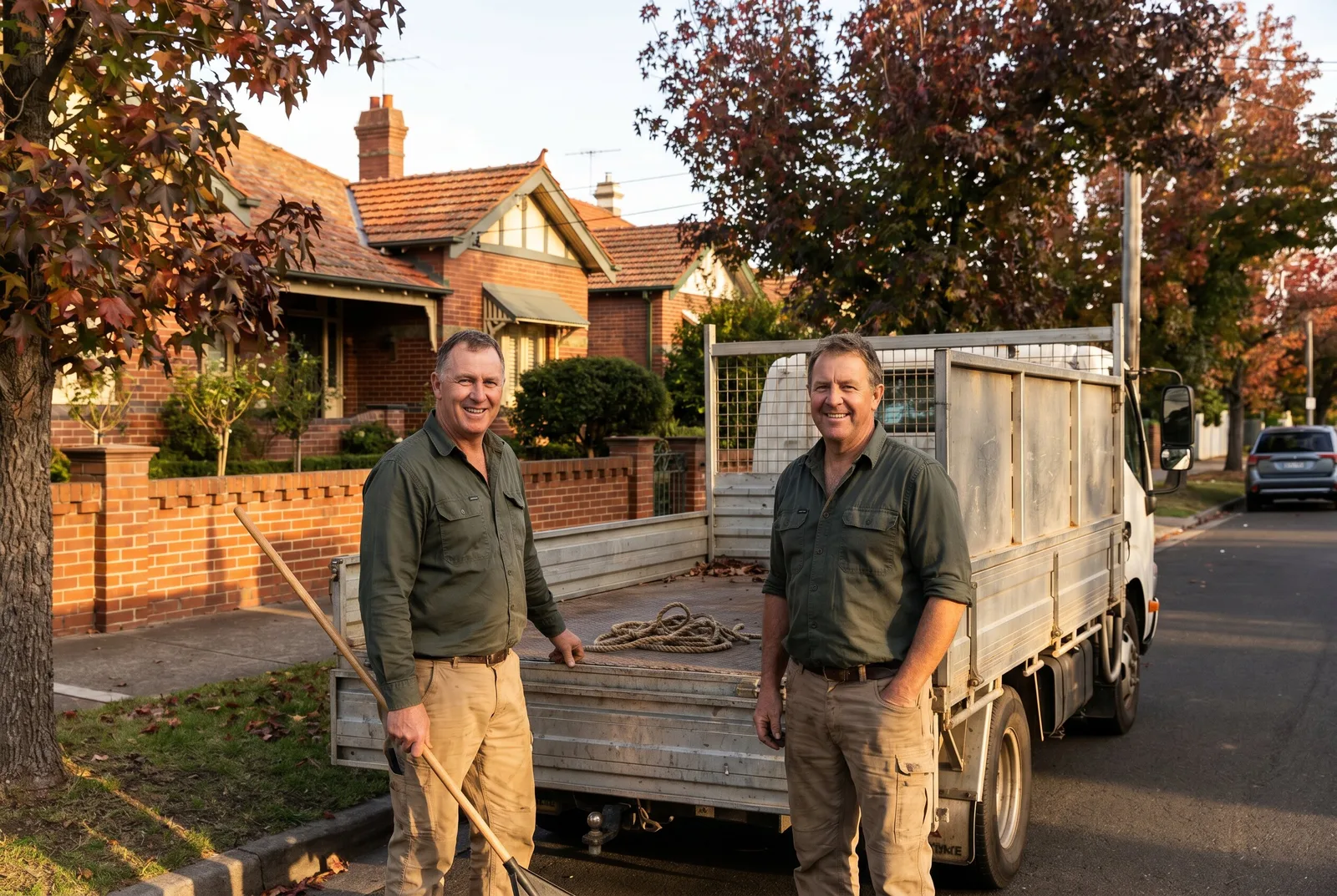 A two-person clearance crew standing at the open tailgate of a plain tipper truck on a leafy Federation street, one holding a leaf rake