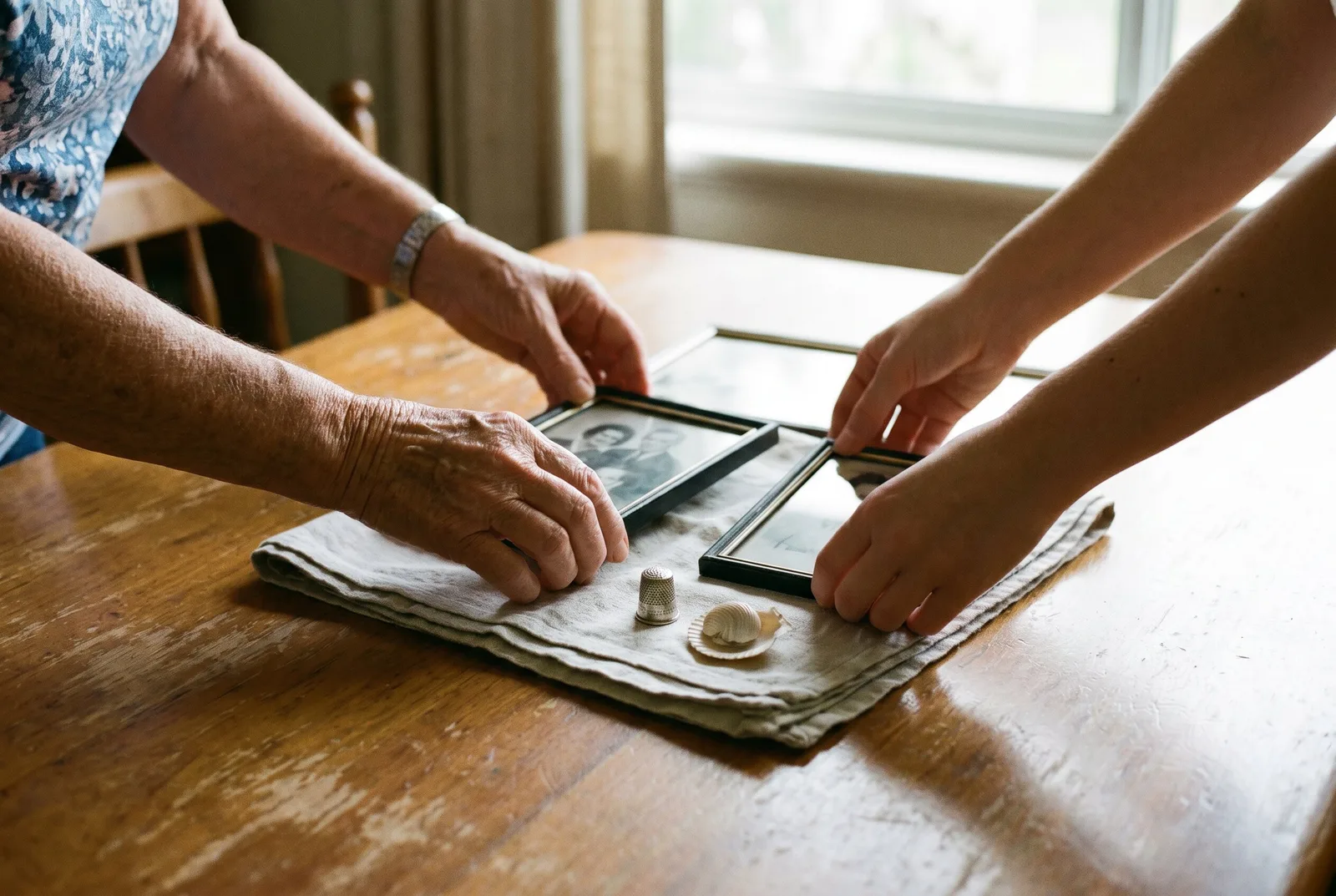 Two pairs of hands, one older and one younger, setting framed family photographs aside onto a folded linen cloth on a dining table