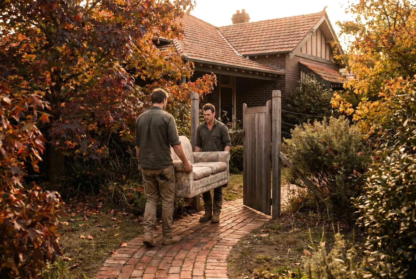 Two crew members carrying an old armchair together down a brick garden path toward an open timber gate