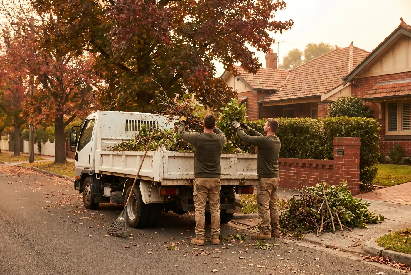 Two crew loading hedge prunings into a tipper truck on a leafy street