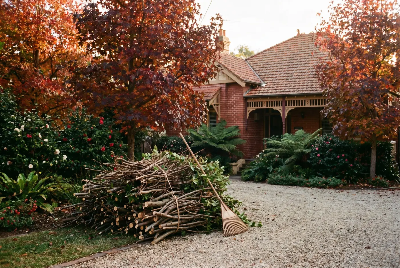A neatly stacked pile of cut branches and hedge prunings beside a gravel driveway in front of a Federation-era brick home