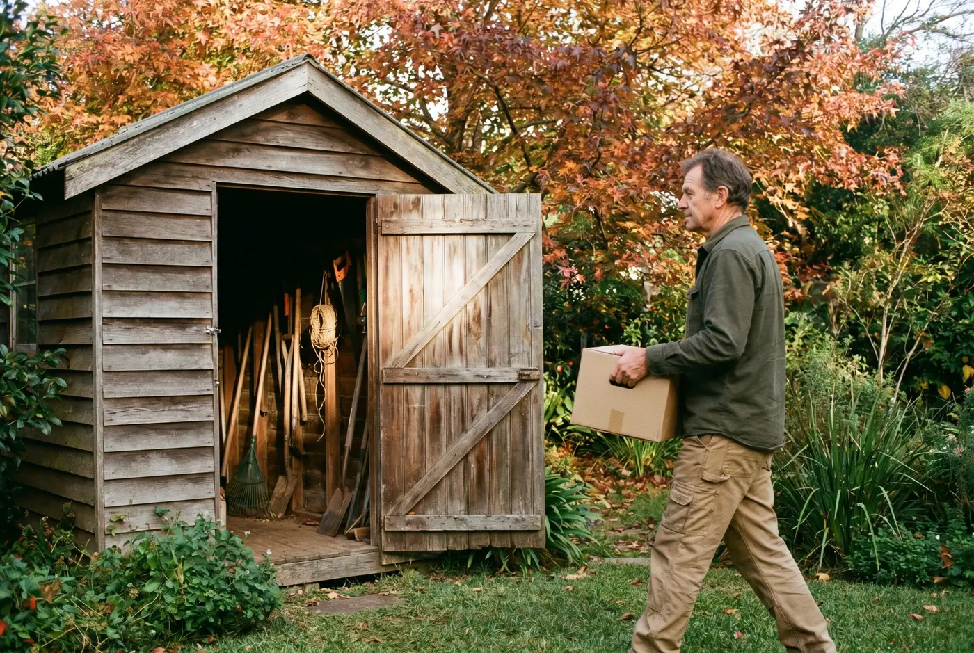 A crew member carrying a box away from an old timber garden shed with its door open, autumn colour behind